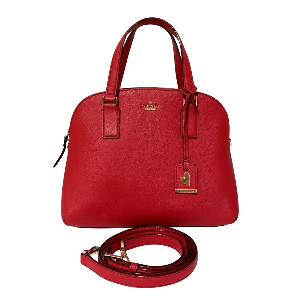 Kate Spade Red Saffiano Leather Satchel Crossbody Bag Gold Heart Charm